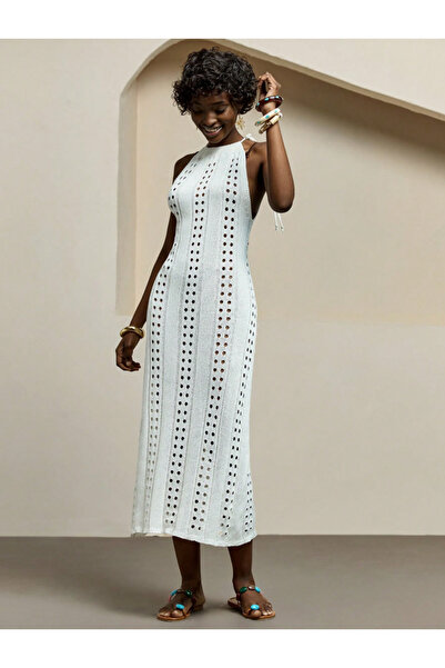 SÇLK Βαμβακερό Εκρού Διάτρητο Πλεκτό Φόρεμα Καλοκαιρινό Μίντι Φόρεμα με Ανοιχ...