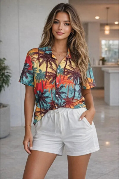 Wear Up Σετ κοντομάνικο πουκάμισο και σορτς με τροπικό σχέδιο φοίνικα, καλοκα...