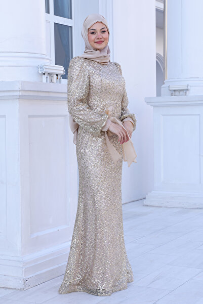 AHUNUR Tesettürde Mutluluk Sequin Sequin Shimal Hijab Evening Dress