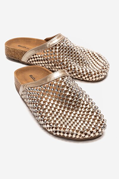 LuviShoes Γυναικείες παντόφλες OLVEN Gold Stone διάφανες