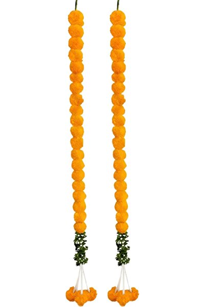 GINI PHOOL MALA ORANGE WITH GREEN LEAVES HANGING 5 FEET 2PC