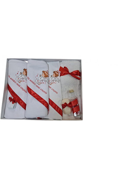 10ART Set trusou de botez, Înger, 7 piese, cu păturică inclusă, decorat în roșu