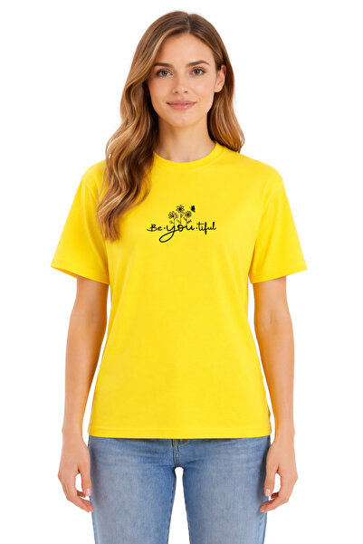 DUBU BUTİK Unisex Oversize κίτρινο μπλουζάκι 100% βαμβάκι BeYOUtiful με στάμπ...