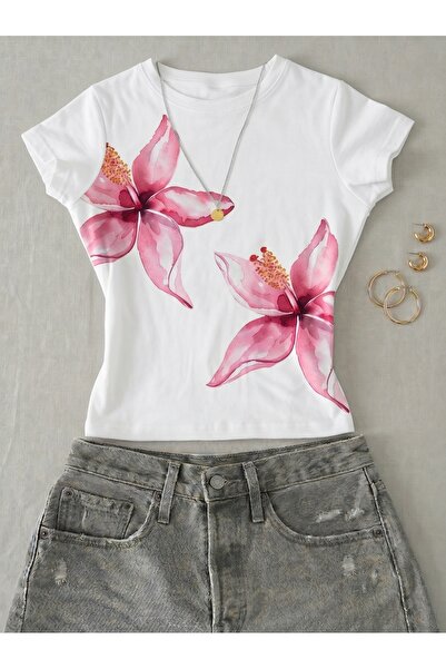 NİCE Γυναικείο κοντομάνικο μπλουζάκι με φλοράλ στάμπα - Lycra