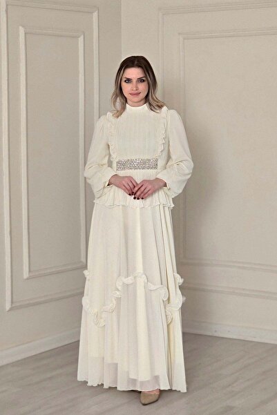 Yonca Moda Evi Ekru Drapeli Tesettür Abiye 4881