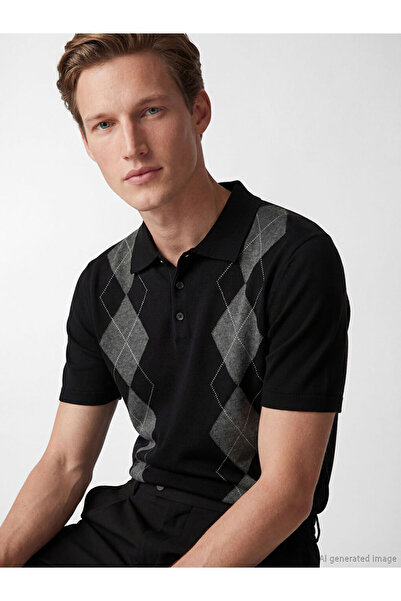 LC Waikiki Black Polo Collar Diamond Patterned Men's Knitwear T-Shirt