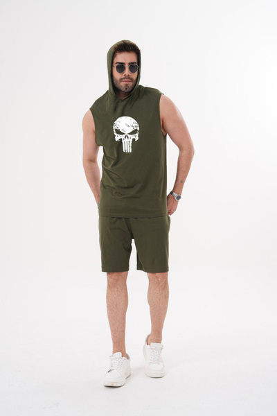 ZAVIXO Ανδρικό σετ αμάνικων σορτς με στάμπα κρανίου, άνετο αθλητικό για καθημ...