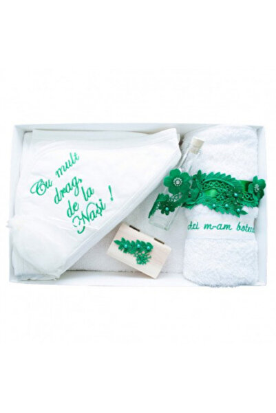 HUGBEBE Set trusou de botez, 7 piese, decorat cu mesaj și dantelă verde crud