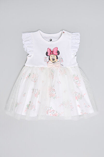 R&B Minnie Mouse Print Fit & Flare Dress with Crew Neck and Flutter Sleeves