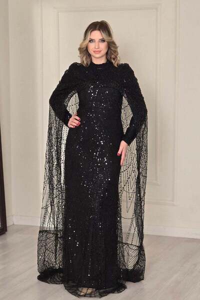 Yonca Moda Evi Siyah Pelerinli Tesettür Abiye 5304