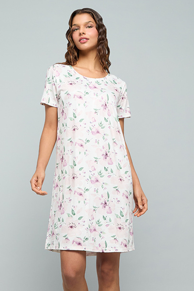 R&B Printed Nightdress With Round Neck and Short Sleeves