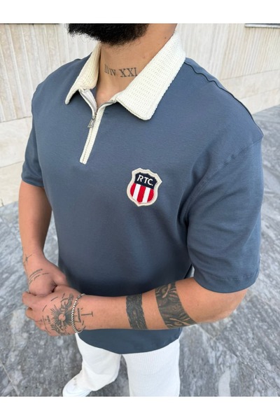 PEERLESS STORE Wicker Polo Collar Detailed Half Zipper T-Shirt