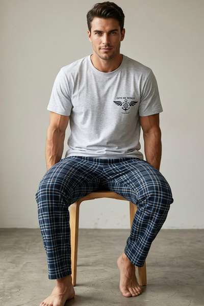 Siyah İnci γκρι Σκούρο Μπλε Καρό Πλεκτό Σετ Πιτζάμες με Κοντό Μανίκι 8006