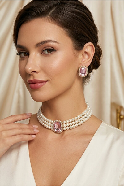 Happyline İncili Pembe Gold Kaplama Baget Taşlı Tasma Choker Kolye Özel Tasar...