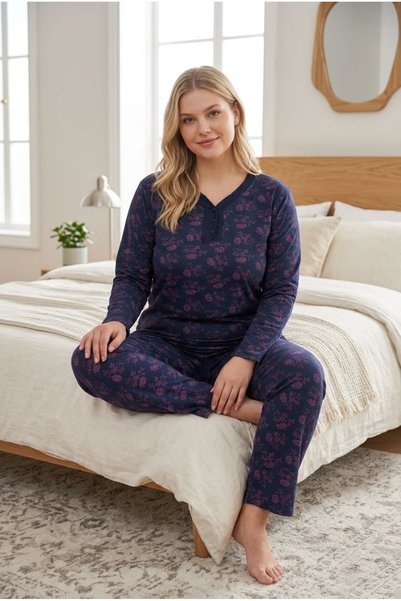 ALACURVE Women's Plus Size Bamboo Pajama Set with Patterned Long Sleeves and Front Buttons, Comfortable and Stylish Home Wear