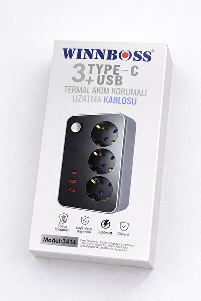 genel tr Isıya Dayanıklı Termal Akım Korumalı 2 Mt 10A 2500W 3lü Priz ve 3 Us...