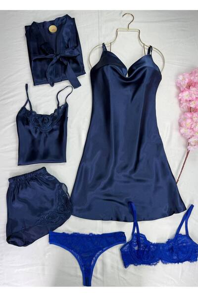 ROZENİN LINGERIE 5-Piece Satin Dressing Gown Nightgown Pajamas Underwear Set ...