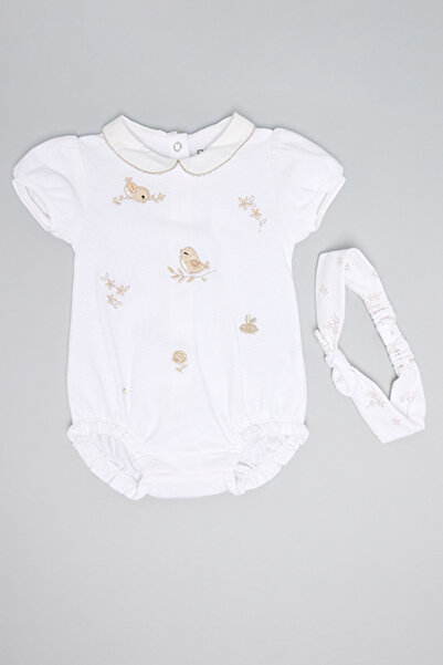 R&B Embroidered Bodysuit with Peter Pan Collar and Puff Sleeves