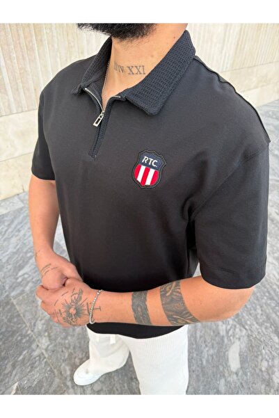 PEERLESS STORE Wicker Polo Collar Detailed Half Zipper T-Shirt