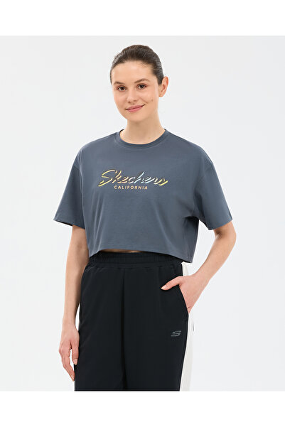 SKECHERS W Crop Graphic T-Shirt Kadın Gri Tshirt S2610054-3998