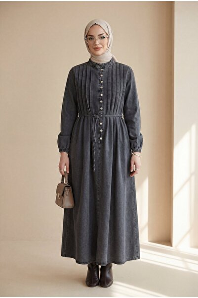HİJABAYA Φόρεμα τζιν με ελαστικό μανίκι, δετό στη μέση και με μισά κουμπιά