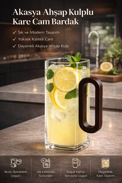 DİVAYS Square Glass Cup with Acacia Wood Handle Long Design Lemonade and Cold...
