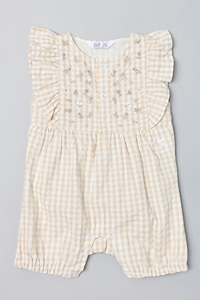 R&B Checked Romper with Crew Neck and Flutter Sleeves