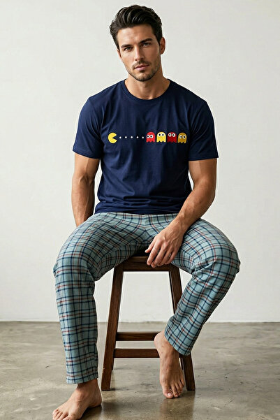 Siyah İnci ΣΚΟΥΡΟ ΜΠΛΕ πράσινο Καρό Πλεκτό Σετ Πιτζάμες με Στάμπα και Κοντά Μ...