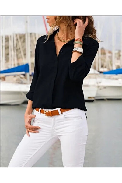 bysoca Γυναικείο μαύρο μονόχρωμο υφαντό μακρυμάνικο πουκάμισο με μανσέτες και...