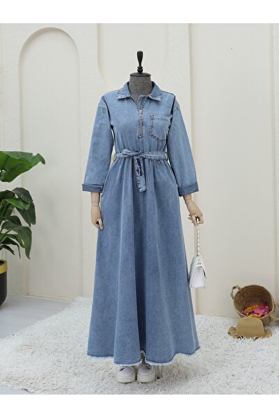 HİJABAYA Τζιν φόρεμα με μισό φερμουάρ, δετό στη μέση και τσέπες