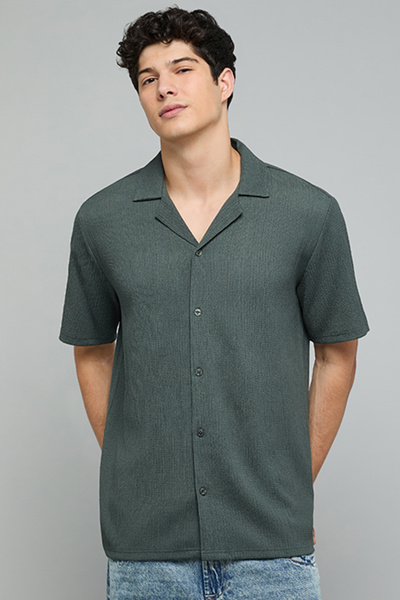 R&B Textured Shirt with Revere Collar and Short Sleeves