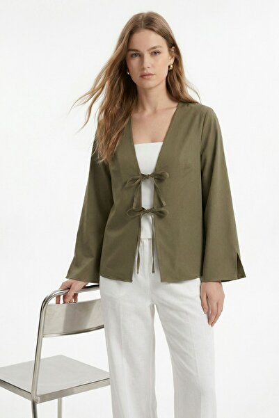 Rays Χακί κιμονό με σκίσιμο, ισπανικά μανίκια και δέσιμο μπροστά 5425