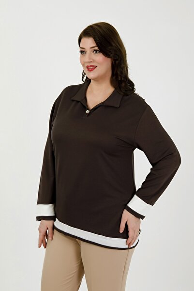 By Alba Collection Γυναικεία Καφέ Πλεκτή Μπλούζα Λύκρα με Γαρνιτούρες σε Μεγά...