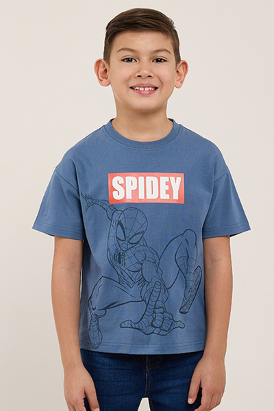 R&B Spider-Man Print T-Shirt with Crew Neck and Short Sleeves