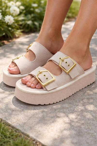Saadet Kaya Butik Women's Beige Suede High-Sole Buckle Slippers
