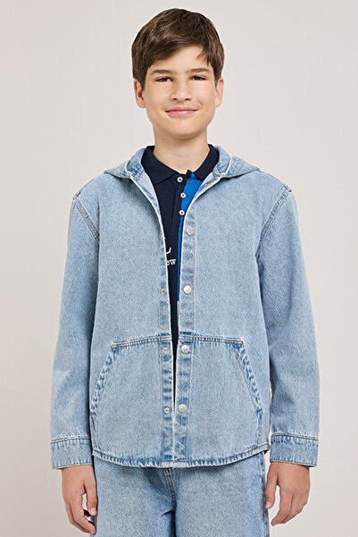 R&B Washed Hooded Denim Shirt With Long Sleeves