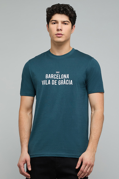 R&B Typography Print T-Shirt with Crew Neck and Short Sleeves