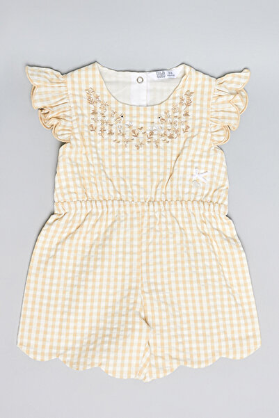 R&B Checked Romper with Round Neck and Flutter Sleeves