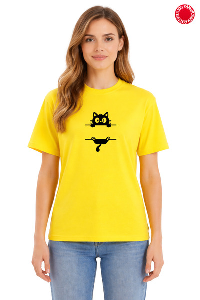 DUBU BUTİK Unisex Oversize κίτρινο μπλουζάκι με χαριτωμένο σχέδιο γάτας, 100%...