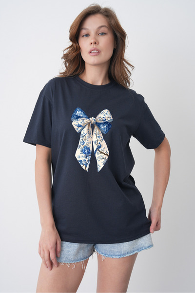 TREND EMMODA Tricou de damă, în stil de vară, cu imprimeu cu panglică albastr...