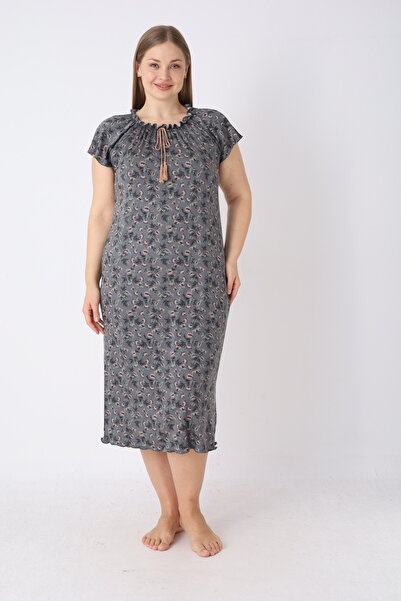 JENİKA Γυναικείο νυχτικό μεγάλου μεγέθους με κομψό γιακά, δαντέλα και λεπτομέ...