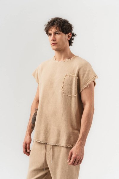 go gang own Frayed Keten Kumaş Saçaklı Cep Detaylı Sıfır Kol T-shirt ve Pantolon Takım