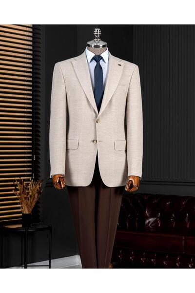 TerziAdemAltun İtalyan stil slim fit mono yaka erkek tek ceket vizon T14277