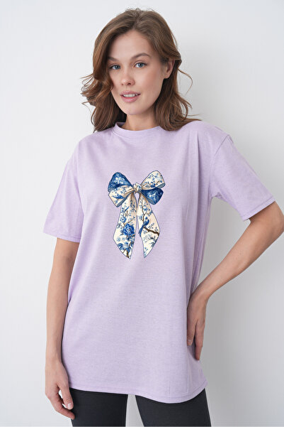 TREND EMMODA Tricou de damă în stil de vară, cu imprimeu cu panglică albastră...