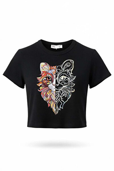 Miss Poem Γυναικείο μπλουζάκι με στάμπα Black Cat, Basic, με κοντό μανίκι και...