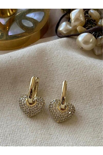POSH AND PROUD VİP SERİ 14K FULL ZİRKON TAŞ BOMBELİ KALP MODEL SALLANTILI KÜPE