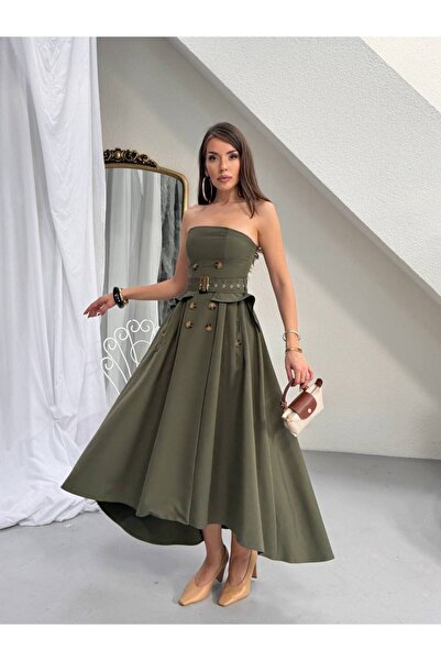 MADAME MELEK Rochie premium, fără bretele, cu detaliu curea, lungime midi, ev...