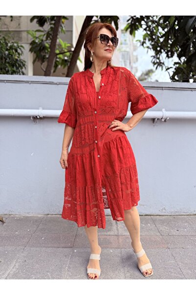 DenizEge Ιταλικό φόρεμα μίντι με επένδυση σε κόκκινο χρώμα