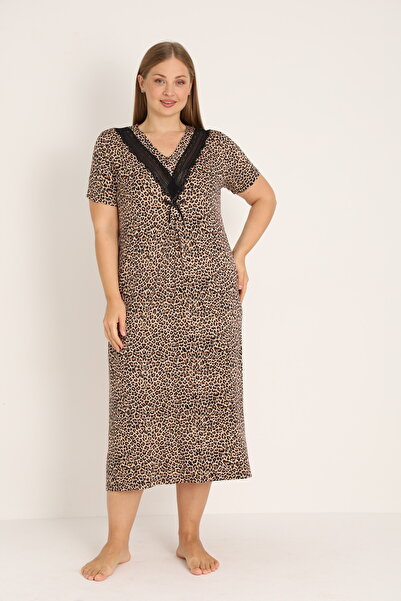 JENİKA Γυναικείο νυχτικό μεγάλου μεγέθους με κομψό γιακά, δαντέλα και λεπτομέ...