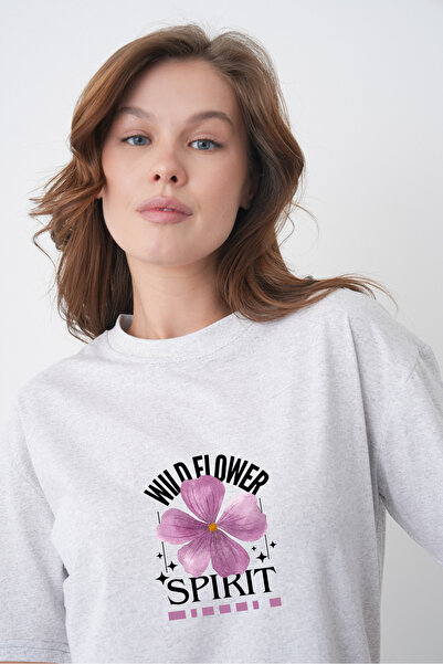 TREND EMMODA Tricou gri pentru femei, în stil de vară, cu imprimeu floral vio...